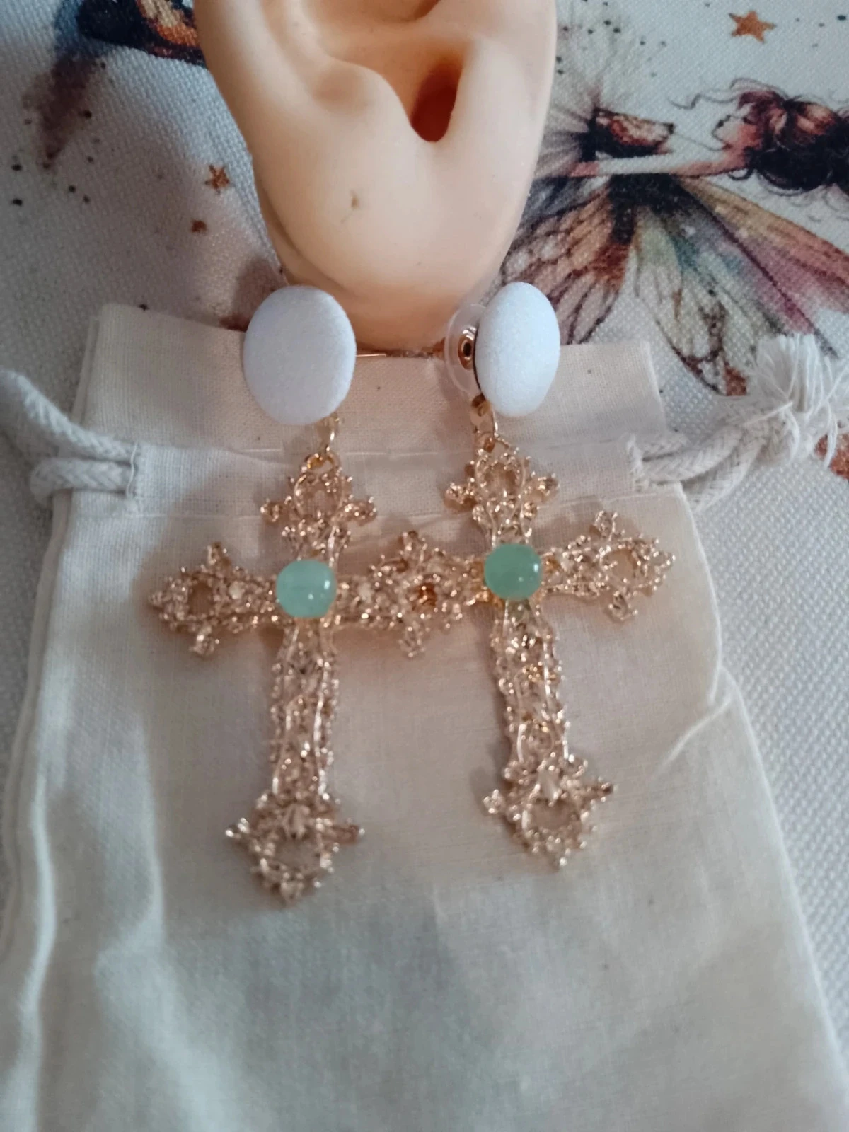 Boucles d'oreilles bohèmes croix pierres d'aventurine – photo 2